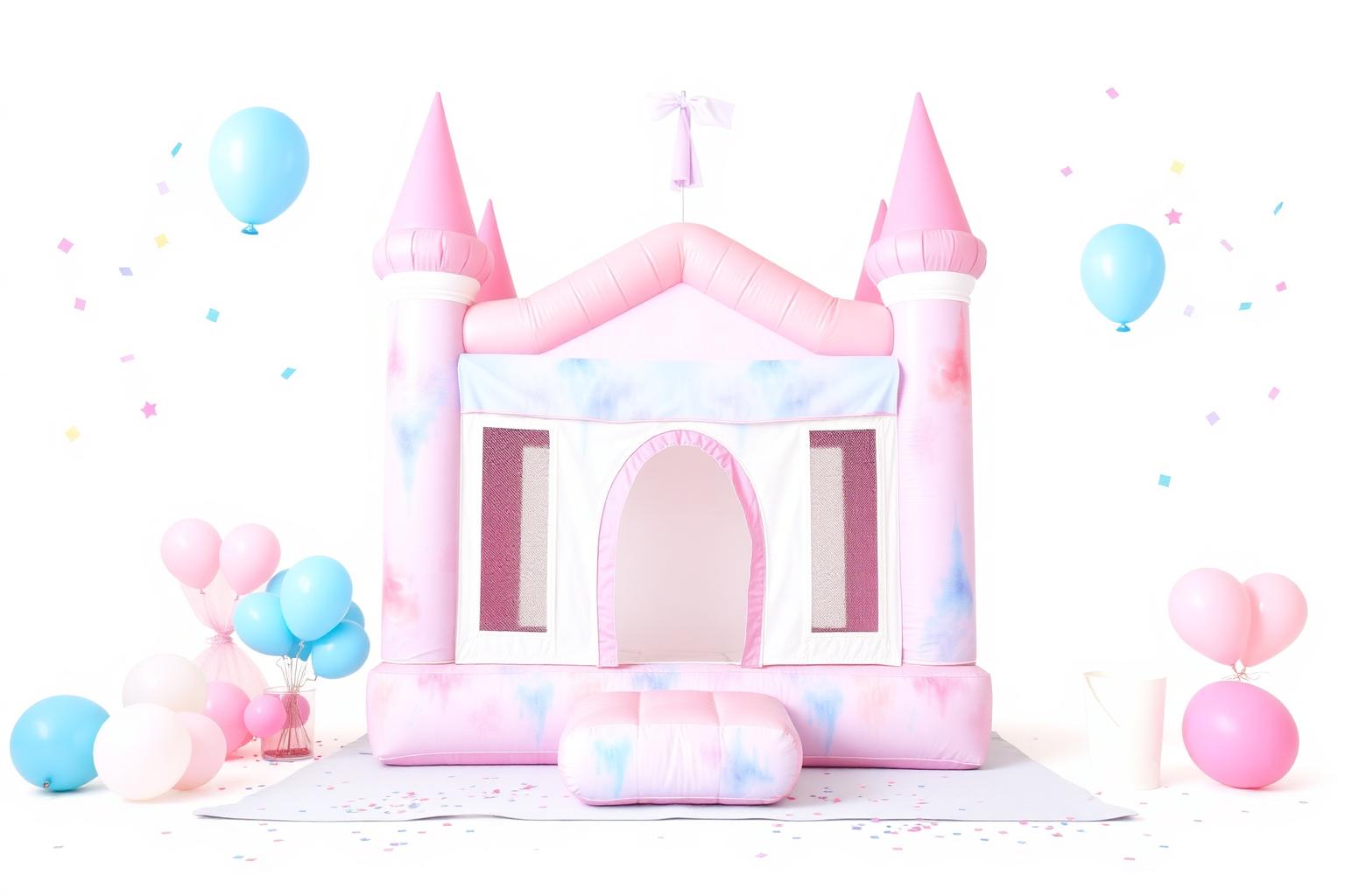 Pink bouncy castle with balloons